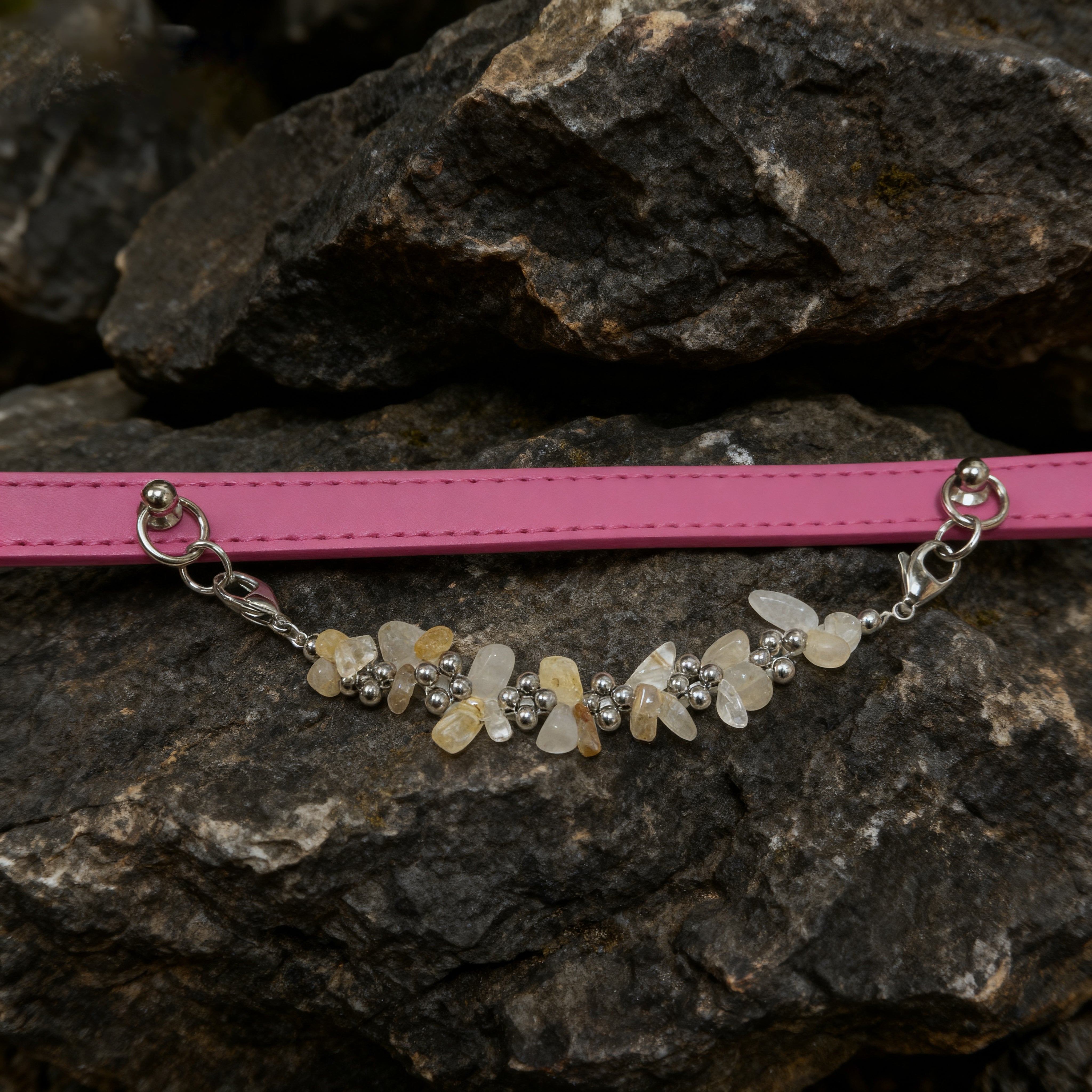 Natural topaz adjustable button pet collar - Give your furry child a gift that will shine