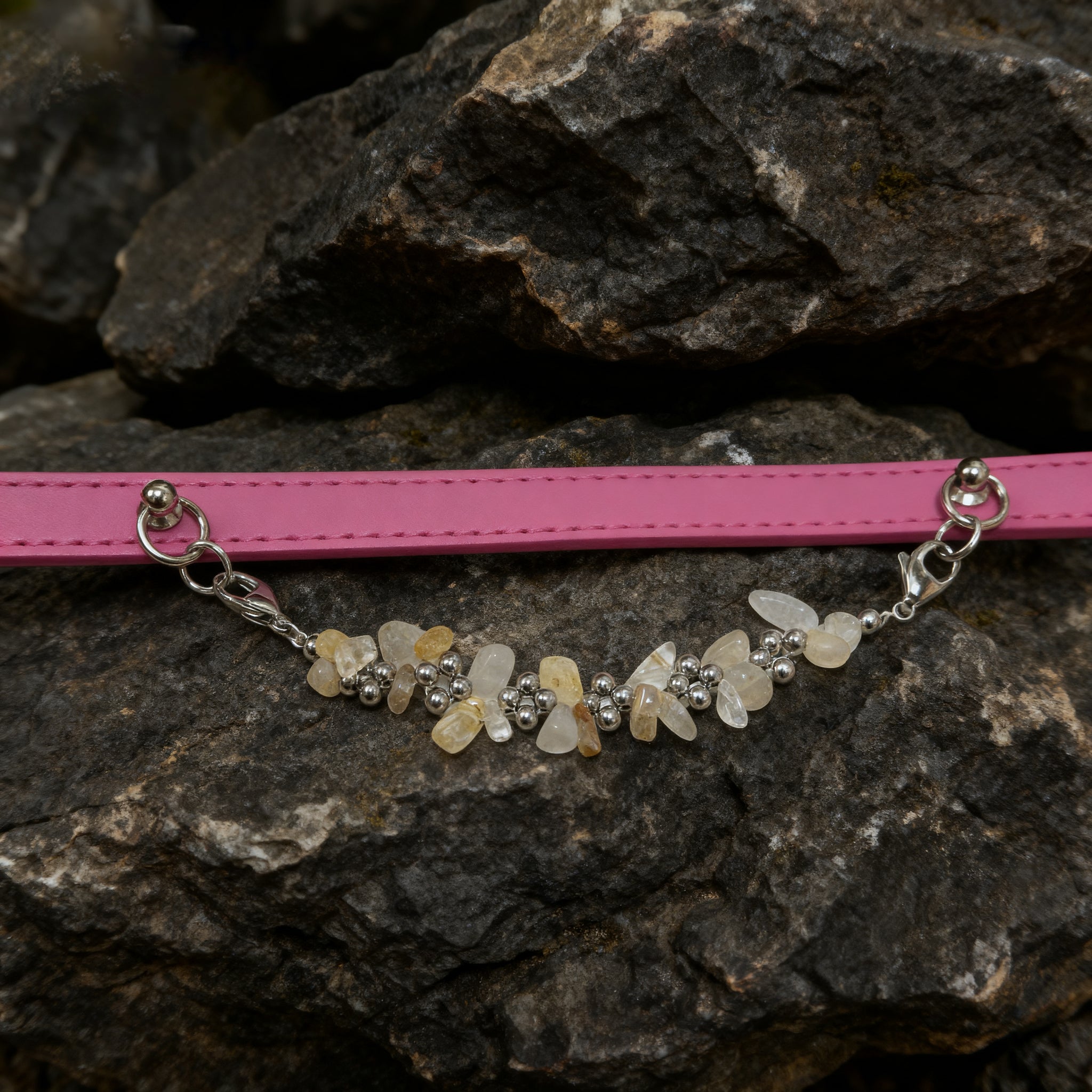 Natural topaz adjustable button pet collar - Give your furry child a gift that will shine